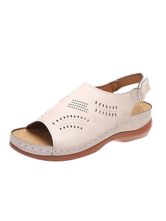 Women's Summer Sandals Open Toe Buckle Strap Breathable Comfortable Shoes Wedge Heel Slip On Sandals Beige 40