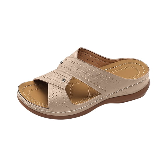 hopeusnice Women's Summer Sandals Open Toe Slip on Wedge Sandals Breathable Comfortable Outdoor Walking Shoes Beige 38