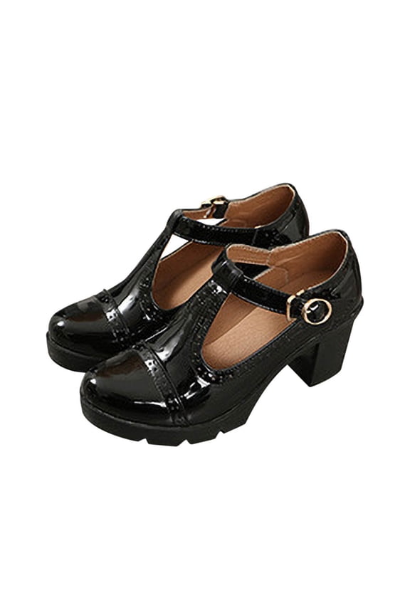 Women's T-Strap Buckle Heels Chunky Heel Dress Shoes Wedding Party Pumps Patent Leather Comfortable Bridal Shoes Mid Heel Buckle Closure Shoes Black 41