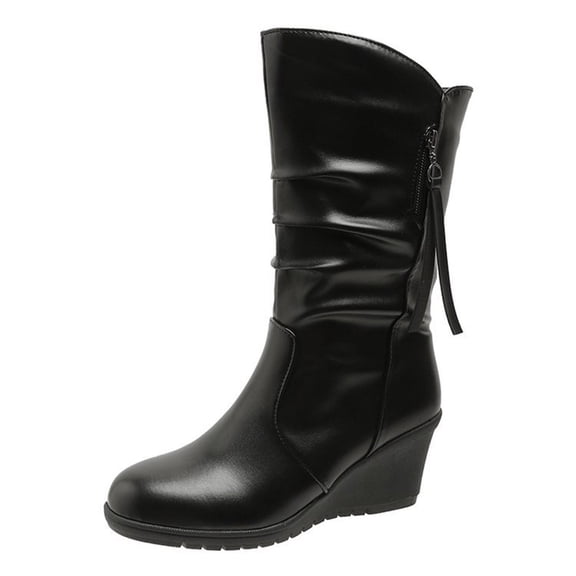 hopeusnice Women's Wedge Boots Faux Leather Side Zipper Mid Calf Boots Warm Winter Boots Comfortable Slip On Wedge Heel Shoes Black 38
