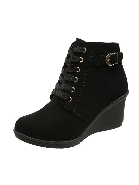 Women's Wedge Boots Lace Up Buckle Ankle Booties Comfortable Suede Wedge Heel Fall Winter Shoes Black 40