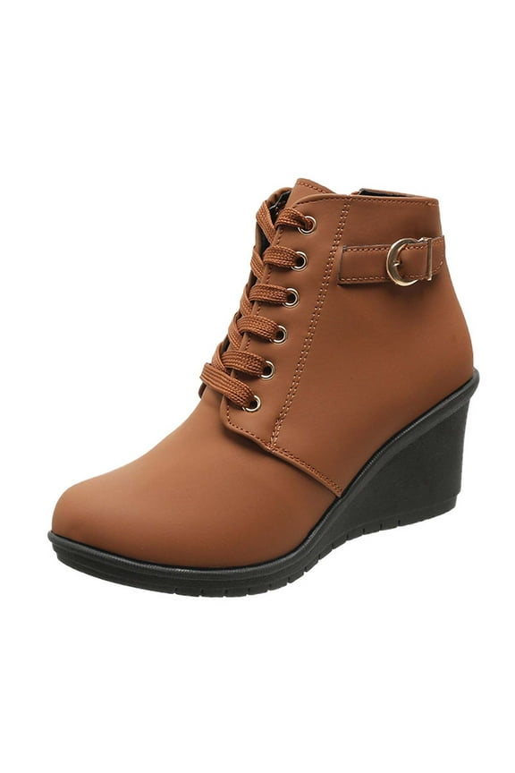 Women's Wedge Boots Lace Up Buckle Ankle Booties Comfortable Suede Wedge Heel Fall Winter Shoes Brown 40