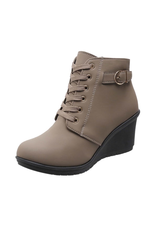 Women's Wedge Boots Lace Up Buckle Ankle Booties Comfortable Suede Wedge Heel Fall Winter Shoes Khaki 42