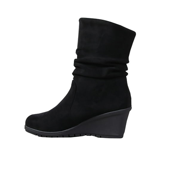 hopeusnice Women's Wedge Boots Suede Ankle Booties Comfortable Fold Over Mid Calf Boots Fall Winter Wedge Heel Slip On Shoes Black 40
