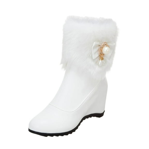 hopeusnice Women's Wedge Boots Winter Fuzzy Fleece Ankle Booties Warm Plush Lined Short Booties Snow Boots Comfortable Round Toe Zipper Buckle Shoes White 41