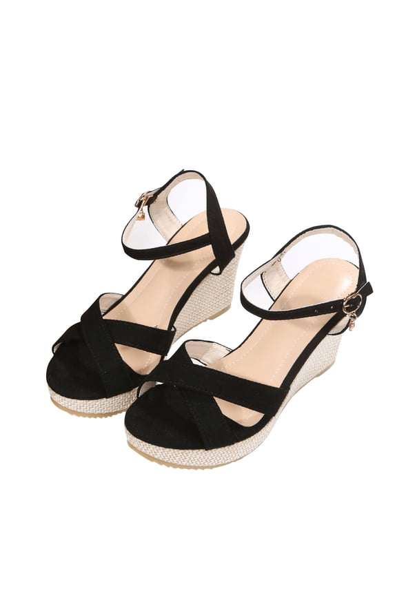 Women's Wedge Sandals Ankle Strap Buckle Open Toe Shoes Breathable Comfortable Wedge Heels Shoes Black 40