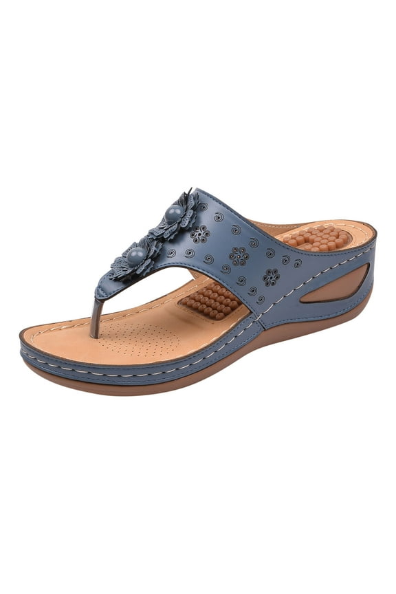 Women's Wedge Sandals Floral Toe Thong Slippers Comfortable Summer Beach Shoes Outdoor Flip Flops Open Toe Sandals Blue 40