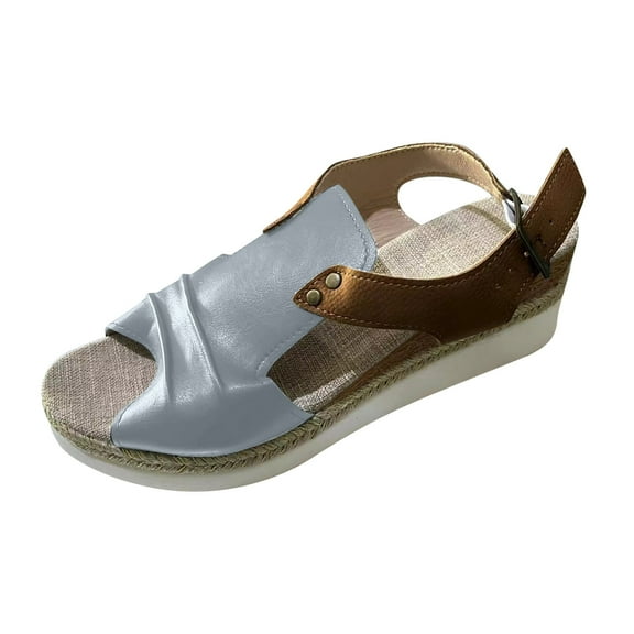 hopeusnice Women's Wedge Sandals Summer Open Toe Buckle Ankle Strap Shoes Comfortable Breathable Beach Shoes Gray 37