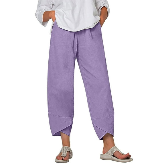 hopeusnice Women's Wide Leg Trousers Activewear Casual Beach Solid Color Lounge Trousers Wrinkled Pockets Fashion Summer Elastic High Waist Workout Vacation Pants Purple XL
