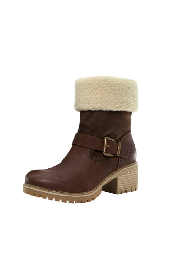 Women's Winter Boots Fuzzy Fleece Lined Buckle Ankle Booties Warm Plush Comfortable Platform Chunky Heel Shoes Coffee 41
