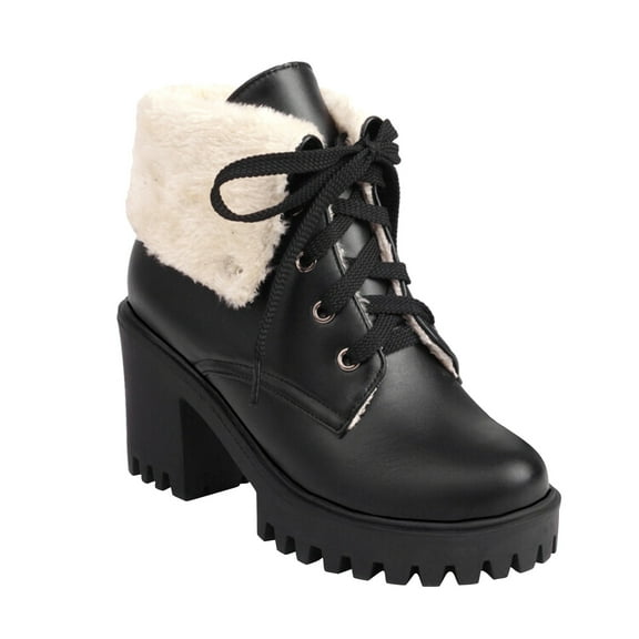 hopeusnice Women's Winter Boots Fuzzy Fleece Lined Platform Ankle Boots Lace Up Chunky Heel Warm Snow Boots Comfortable Outdoor Shoes Black 36
