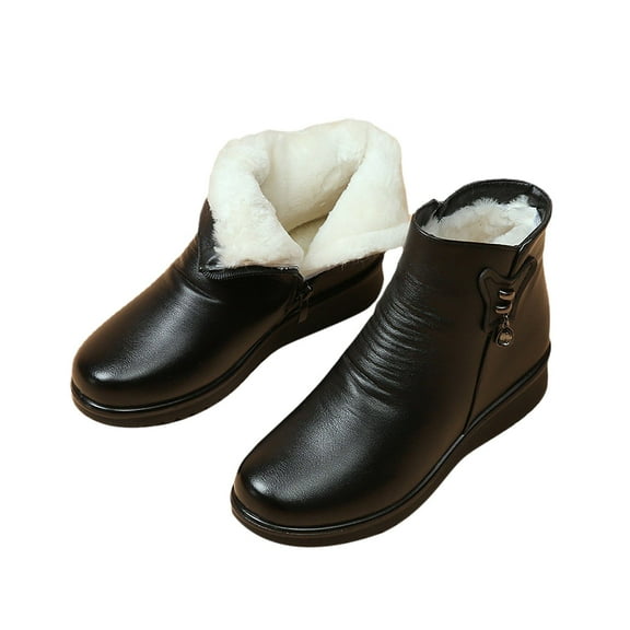 hopeusnice Women's Winter Boots Fuzzy Fleece Lined Warm Plush Ankle Booties Zipper Leather Snow Shoes Non-Slip Wedge Heel Boots Black 40