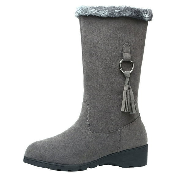 hopeusnice Women's Winter Boots Suede Fuzzy Fleece Lined Knee High Warm Snow Boots Ankle Booties Tassel Decor Comfortable Slip On Shoes Gray 37