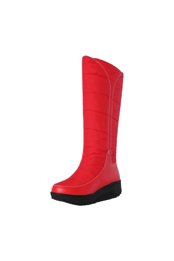 Women's Winter Waterproof Rain Snow Mid Calf Boots Warm Fuzzy Fleece Lined Slip On Non-Slip Outdoor Snow Long Boots Red 38