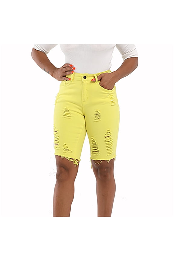 Women's Workout Vacation Jeans Shorts Solid Color Lounge Shorts Ripped Casual Beach Sweat Shorts Pockets Mid Waist Running Shorts Fashion Summer Pants Yellow S
