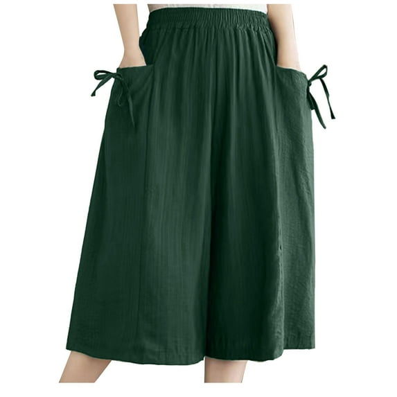 hopeusnice Women's cotton linen wide leg shorts Casual Beach workout vacation Pants Fashion Summer elastic high waist sweat shorts solid color lounge shorts pockets drawstring Green XXXXXL