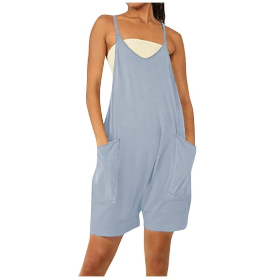 hopeusnice Women's workout vacation romper Overalls spaghetti strap pockets Fashion Summer Pants sleeveless jumpsuits solid color lounge shorts Casual Beach Light Blue XXXL