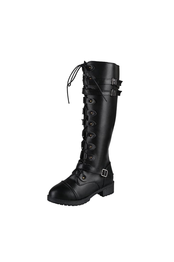 Womens Faux Leather Knee Boots Strappy Lace-up Gothic Vintage Punk Buckle Military Stacked Heel Boot Shoes Knee-High Boots Black 40