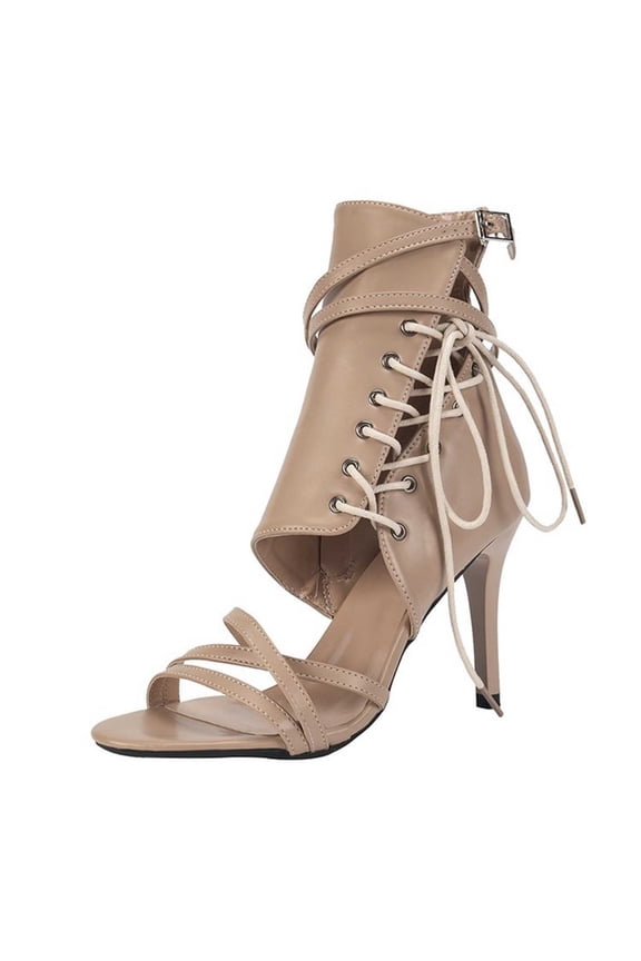 Womens Lace Up Sandals Comfortable Dressy Solid Color Fish-mouth Sandals With Skinny Heels And Side High Heels Shoes Khaki 41