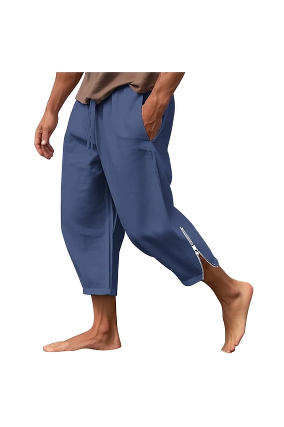 Zipper Slit Loose with Pockets Workout Solid Color Pants Cotton Linen Capri Shorts Cropped Trousers Fashion Summer Elastic Waist Drawstring Casual Beach Navy S