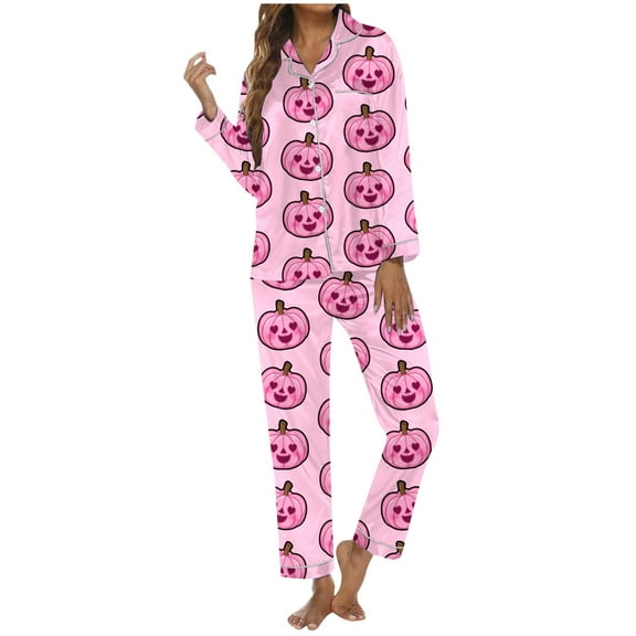hospital recovery pajama sets for women post-surgery front button sleepwear Women's Halloween Themed Printed Long Sleeve Pajama Set Loungewear For Festive Comfort