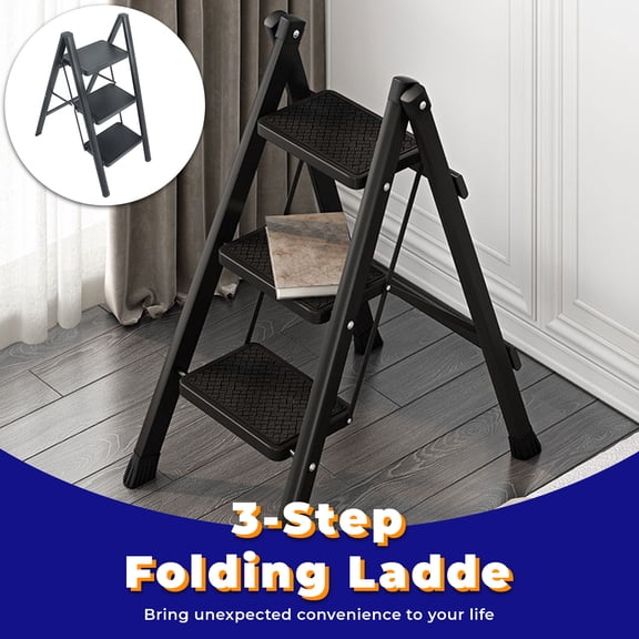 hostic 3 Step Ladder, Aluminum Folding Step Stool with Wide Pedal for Library, Kitchen, Office, 330 lbs Capacity, Black