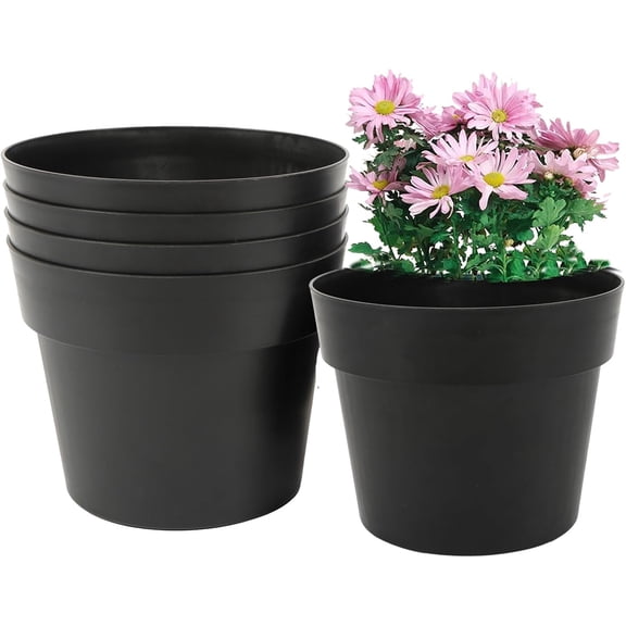 hostic 5 Gallon 12 Inch Plastic Nursery Pots, Plant Containers with Drainage Holes, Round Sturdy Garden Planters for Indoor Outdoor Greenery (5-Pack, Black)