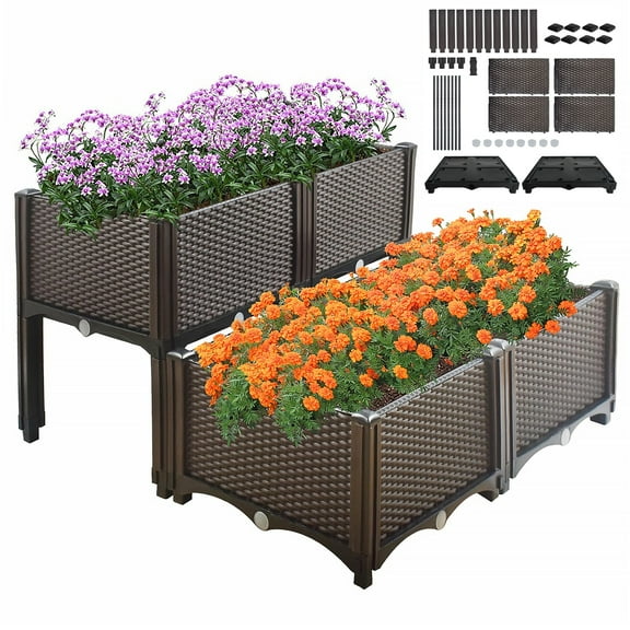 hostic Elevated Plastic Raised Garden Bed Planter Kit DIY Plastic Rectangular Plant Containers Fit for Indoor Outdoor Vegetables Herbs Flowers Growing Planter Box Brown Set of 4