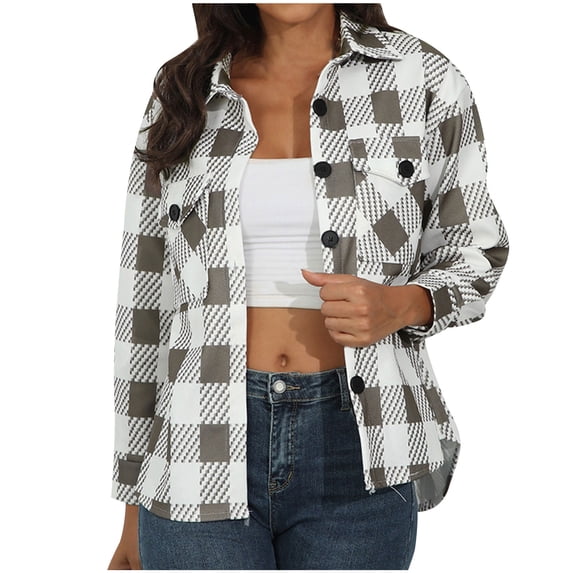 hot pink flannel Womens Plaid Flannel Shirts 2023 Fashion Long Sleeve Shacket Jackets Plus Size Button Down Oversized Color Fall Tops plaid shacket womens grey