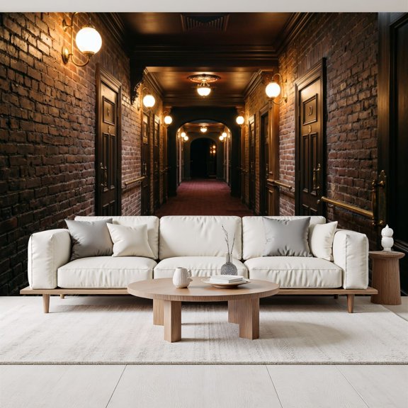 hotel hallway brick walls warm lighting vintage decor Peel and Stick Wall Murals 69"H x 96"W Removable PVC Wallpaper Self-Adhesive Wall Paintings for Bedroom Living Room