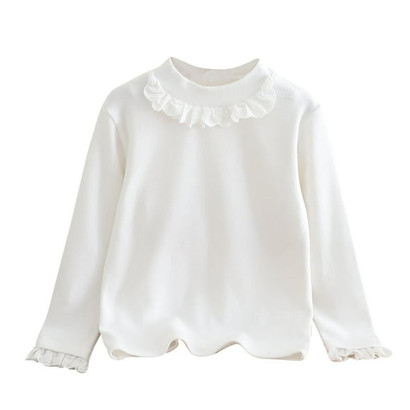hotojiny 2-11 Y Toddler Girls Long Sleeve Shirts Soft Comfy Solid Crewneck Base Layer Tops Tees Cute Lace Trim Casual Undershirts
