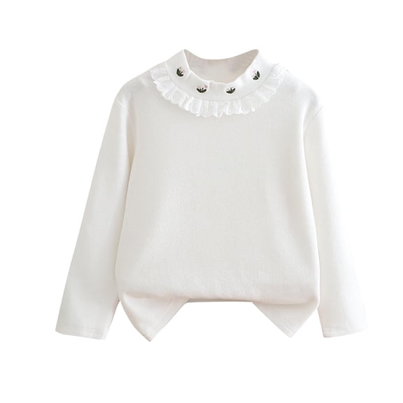 hotojiny 2-11 Y Toddler Girls Long Sleeve Shirts Soft Comfy Solid Crewneck Base Layer Tops Tees Cute Lace Trim Casual Undershirts