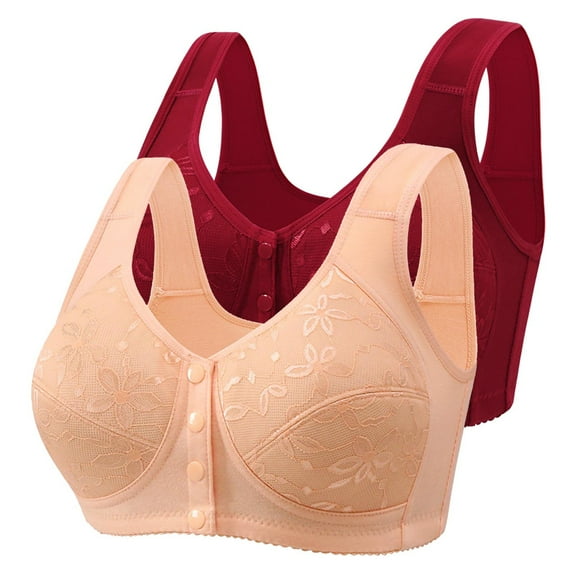 hotojiny 2 PC Front Closure Bras for Women Plus Size No Underwire Breathable Bras Oversized Lace Full Coverage Sleep Bras