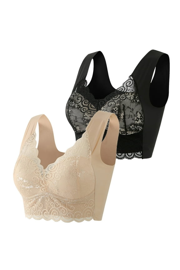 2 PC Plus Size Bras for Women Breathable Full Coverage Wireless Soft Bra Padded Support Lift Seamless Lace Comfort Bra