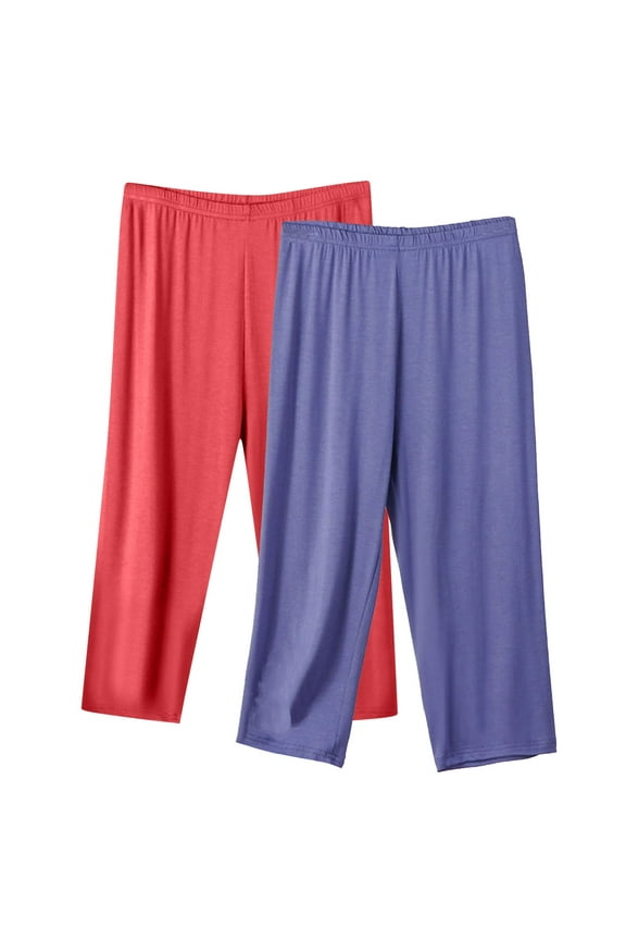 2 Pack Pajama Pants for Womens Wide Leg Loose Capri Loungewear Elastic Waisted Plus Size Comfy Athletic Trousers