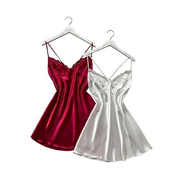 hotojiny 2 Pack Satin Nightgown for Women Soft Trendy Sleeveless Sleepshirts Comfort Casual Spaghetti Strap V Neck Nightwear