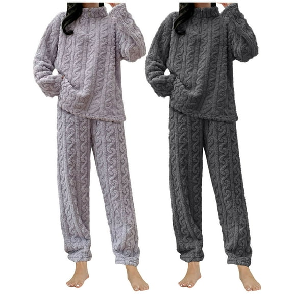 hotojiny 2 Pack Women's Winter Pajama Set Plush Half Zipper Pullover Tops with Fluffy Pants Soft Sleepwear Sets Fuzzy Loungewear