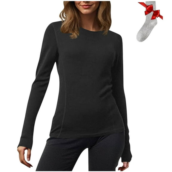 hotojiny 2 Pack Womens Long Sleeve Shirts and Socks Set Crew Neck Stretch Fitted Base Layering Tee Undershirts Lightweight Thermal Tee