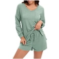 thumbnail image 1 of hotojiny 2 Pack Womens Pajama Sets Fall Long Sleeve Sleepwear Soft V Neck Top with Drawstring Pj Shorts Set Loungewear S-XXl, 1 of 4