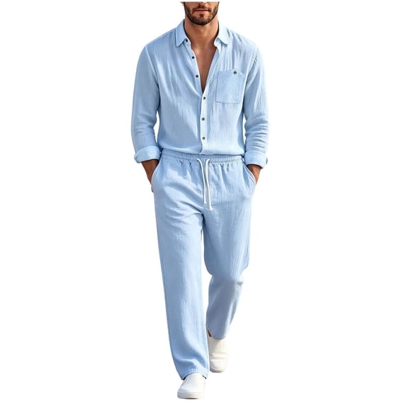 hotojiny 2 Piece Linen Set for Men Lounge Long Sleeve Button down Shirt Casual Loose Pants Plus Size Fall Outfit(Sky Blue,XX-Large)