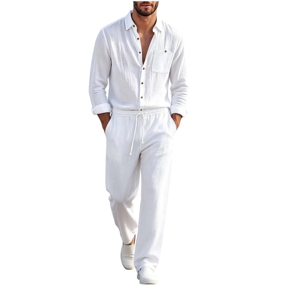 hotojiny 2 Piece Linen Set for Men Lounge Long Sleeve Button down Shirt Casual Loose Pants Plus Size Fall Outfit(White,X-Large)