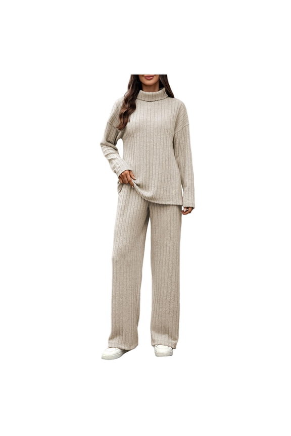 2 Piece Outfit for Women Fall Fashion Matching Lounge Sets Mock Neck Ribbed Knit Sweater Wide Leg Pants Travel Sweatsuits