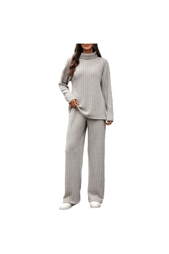 2 Piece Outfit for Women Fall Fashion Matching Lounge Sets Mock Neck Ribbed Knit Sweater Wide Leg Pants Travel Sweatsuits