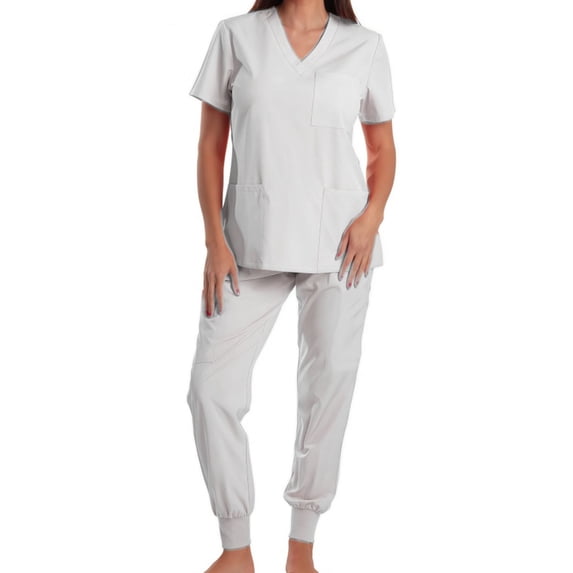 hotojiny 2 Piece Set for Women Comfortable Yoga Work Joggers Pants Stretch V-Neck Short Sleeve Solid Color Top with Pockets