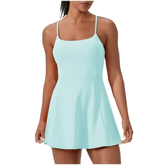 hotojiny 2 in 1 Dresses for Women Spaghetti Strap Stretchy Tennis Workout Dress with Shorts Solid Flowy A-Line Mini Active Dresses
