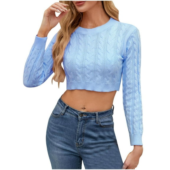 hotojiny Womens Cropped Sweaters Crew Neck Long Sleeve Casual Sweater Fall Fashion Cable Knit Pullover Tops