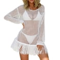 thumbnail image 1 of hotojiny Beach Cover up for Women Trendy Fringe Crochet Knit Top Summer Long Sleeve Hollow out Bikini Coverups, 1 of 5
