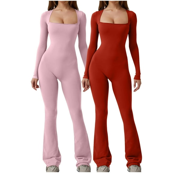 hotojiny 2PC Women Long Sleeve Flare Jumpsuits Square Neck Stretchy Bodysuit One-Piece Rompers for Workout