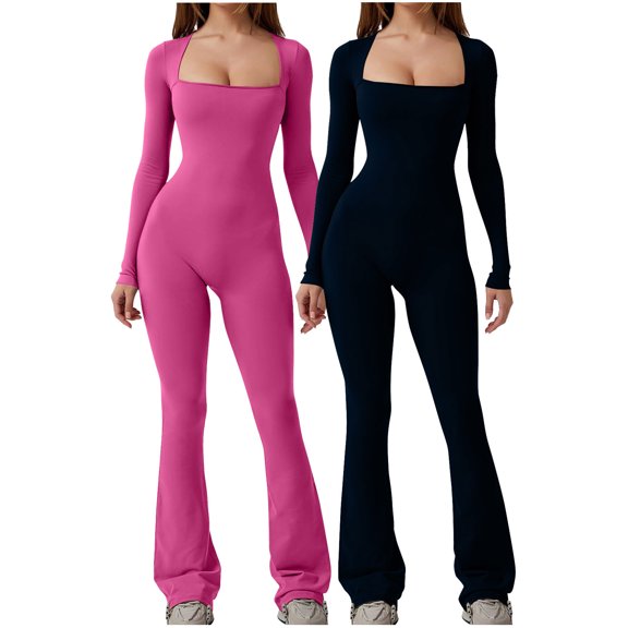 hotojiny 2PC Women Long Sleeve Flare Jumpsuits Square Neck Stretchy Bodysuit One-Piece Rompers for Workout