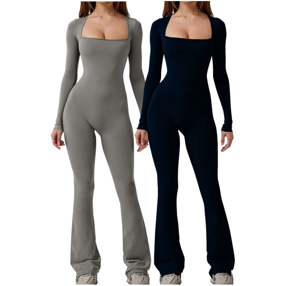 hotojiny 2PC Women Long Sleeve Flare Jumpsuits Square Neck Stretchy Bodysuit One-Piece Rompers for Workout